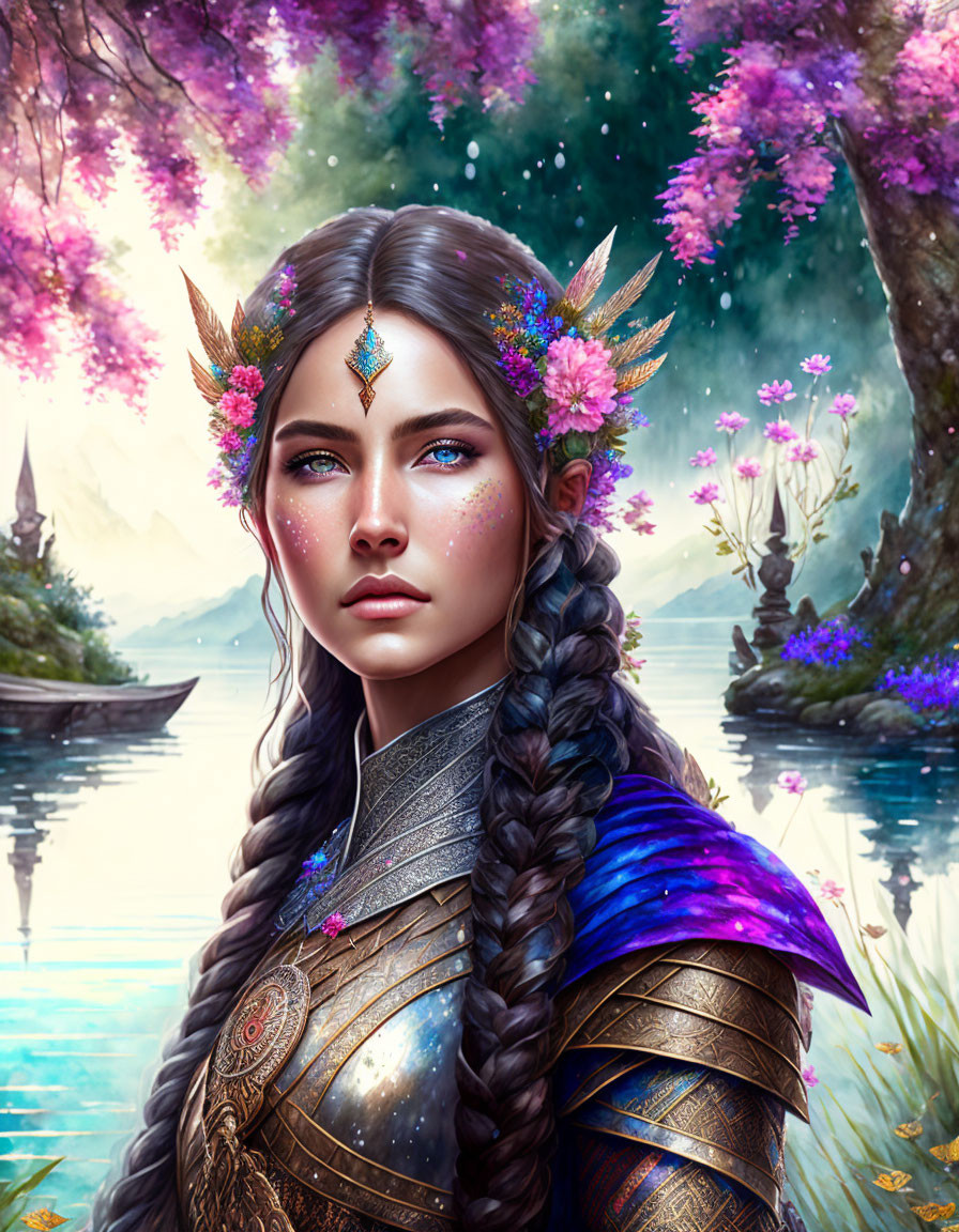 Fantasy female character with braided hair in ornate armor by magical lake