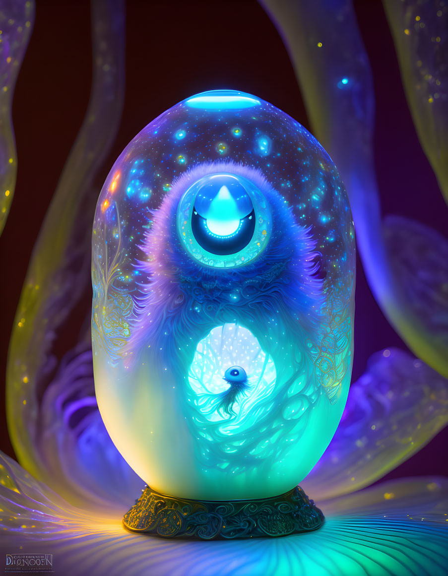 Colorful Egg-Shaped Object with Swirling Patterns and Eye Motif