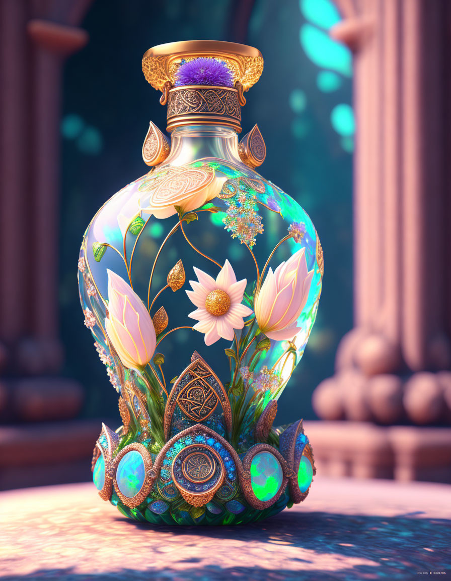 Translucent ornate bottle with gold accents and flowers on jewel-encrusted base in purple setting