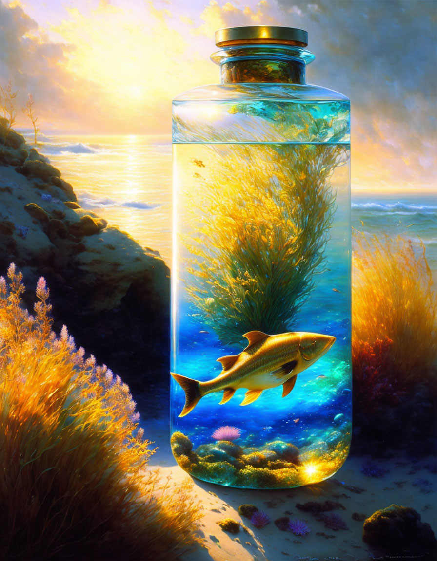 Fish swimming in a bottle underwater with beach background