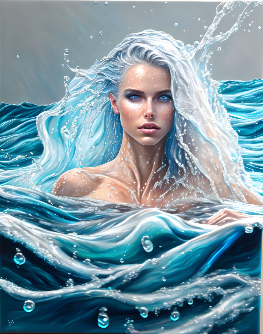 Digital painting of woman with icy-blue hair and eyes in water with waves.