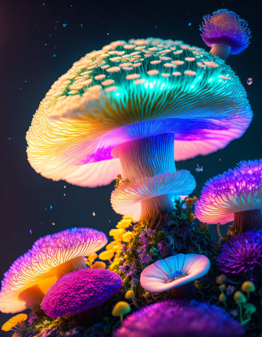 Vibrant neon-colored mushrooms glowing in dark setting