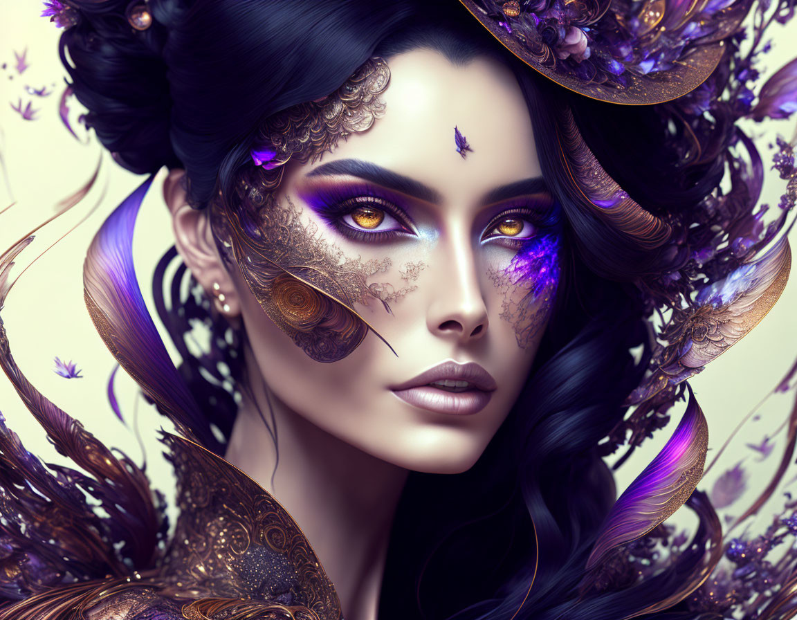 Detailed digital artwork: Woman with purple eye makeup, golden filigree, feathers, and lavender accents