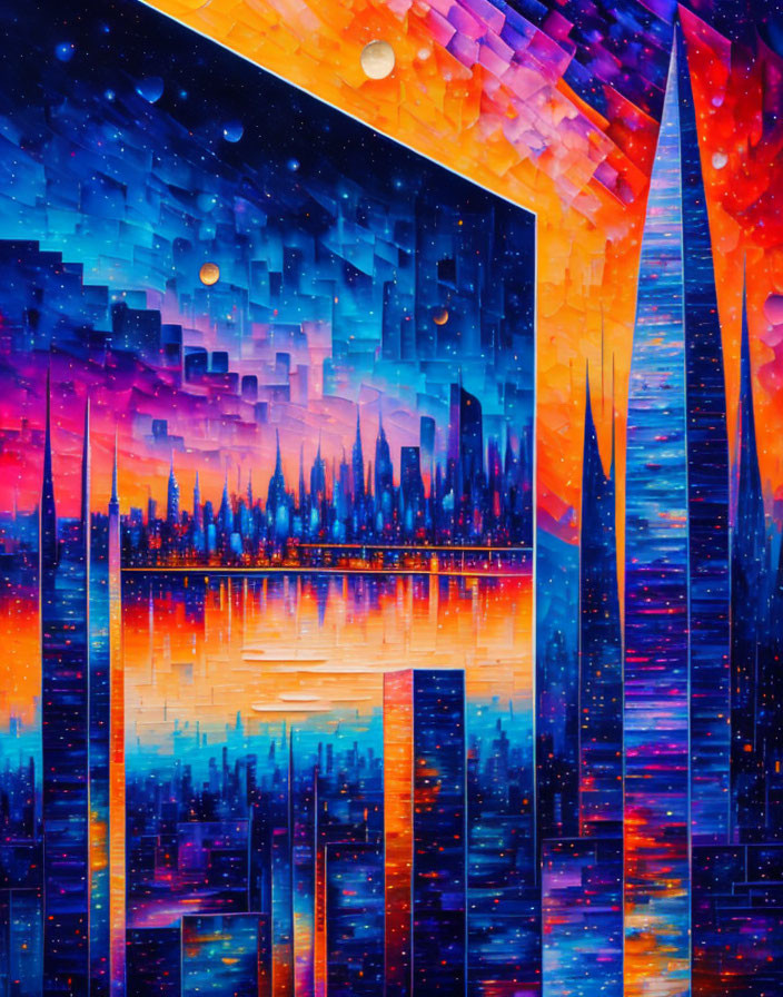 Colorful Cityscape Painting: Skyscrapers, Starry Night Sky, Moons