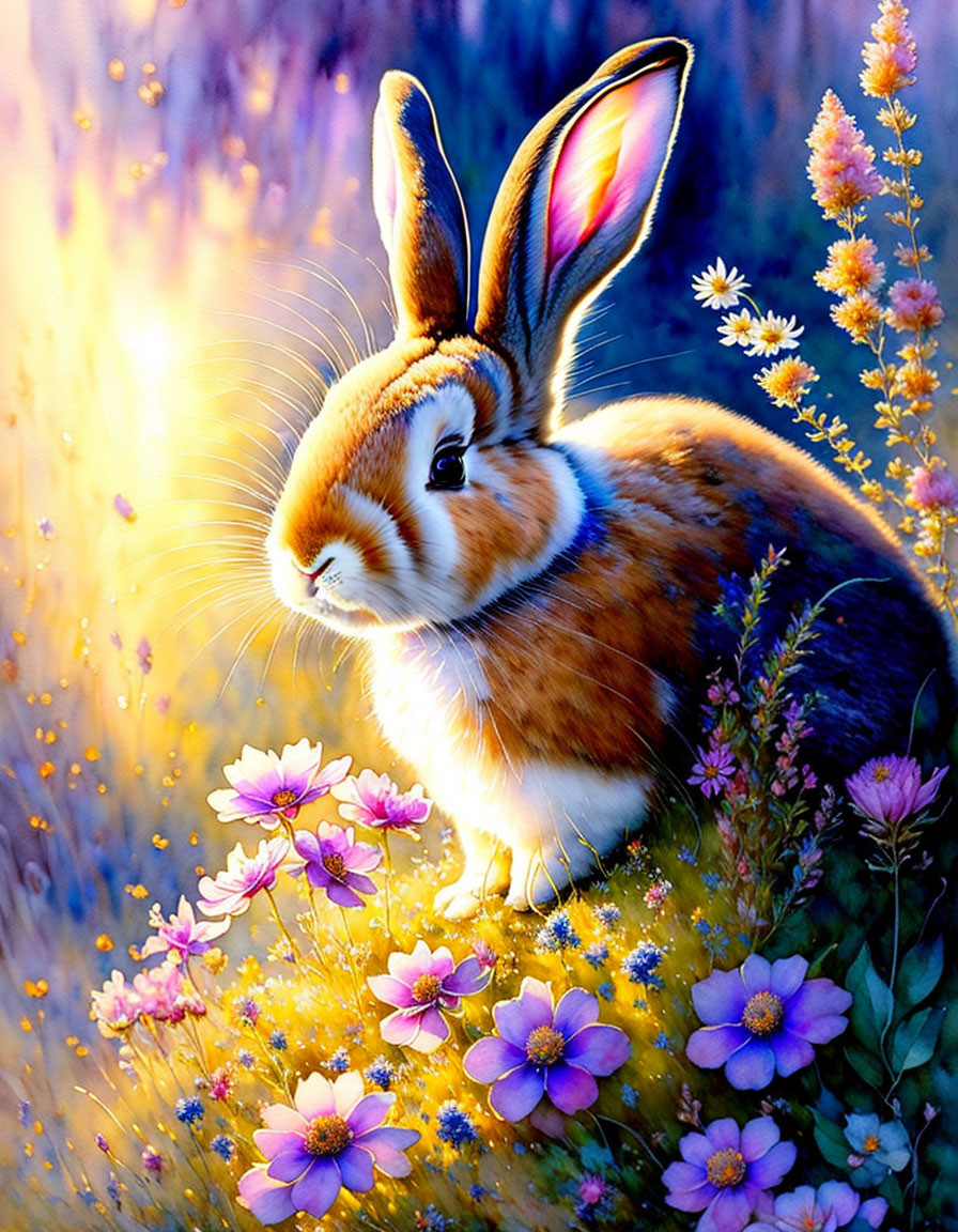 Colorful Rabbit in Magical Flower Garden