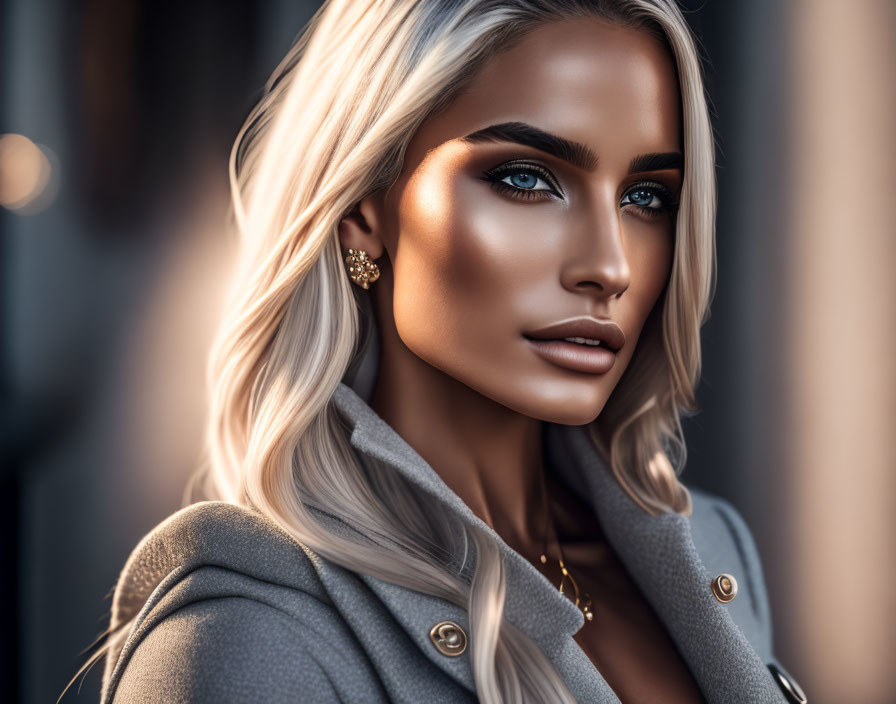 Portrait of woman with blue eyes, blonde hair, makeup, grey coat