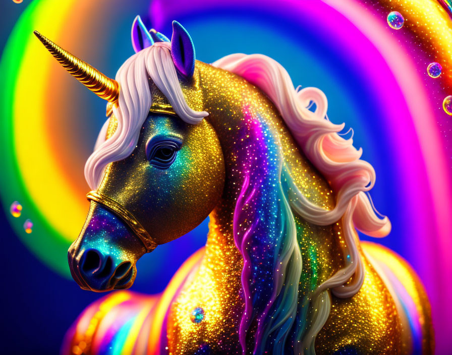 Colorful Unicorn with Glittery Mane on Rainbow Background