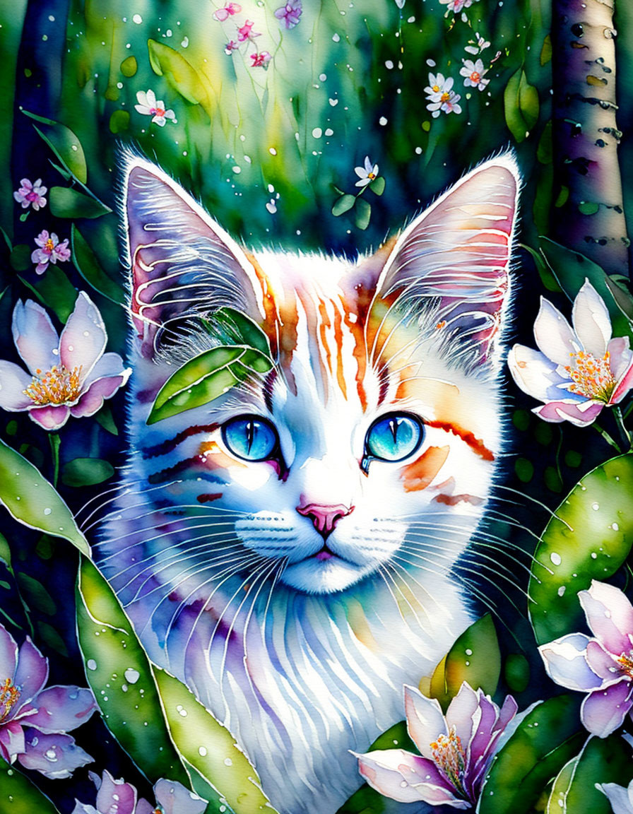 Vibrant illustration: Blue-eyed cat in lush greenery with pink flowers