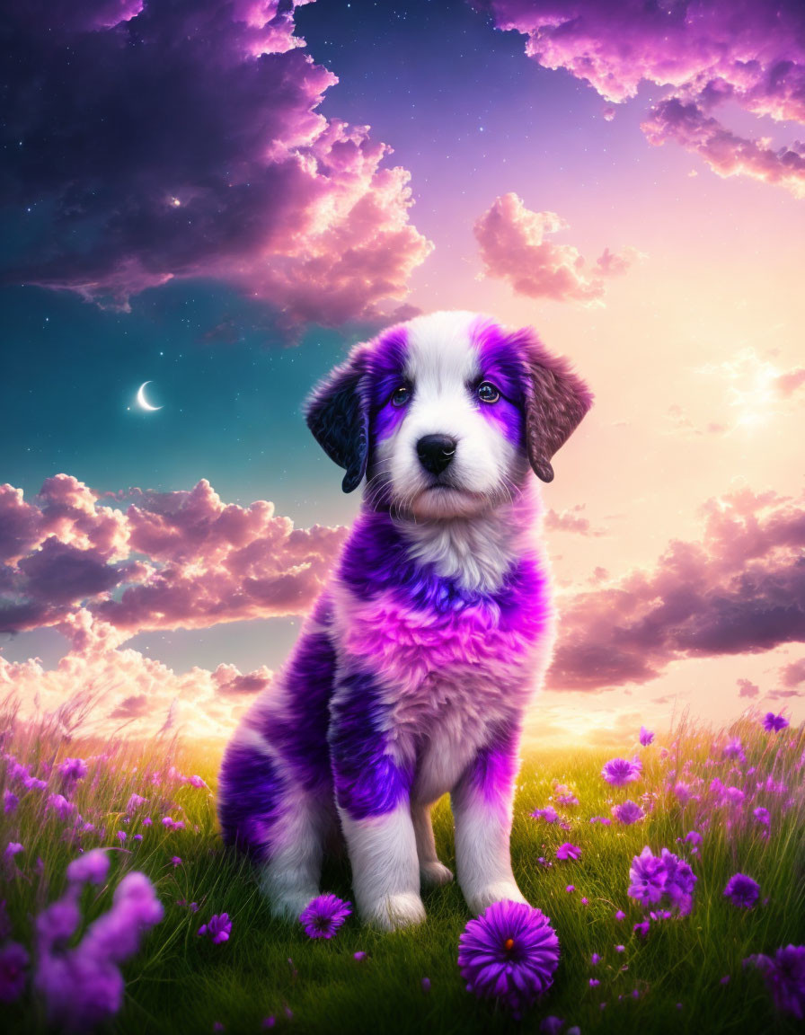 Fluffy puppy in vibrant flower field under pink and purple sky