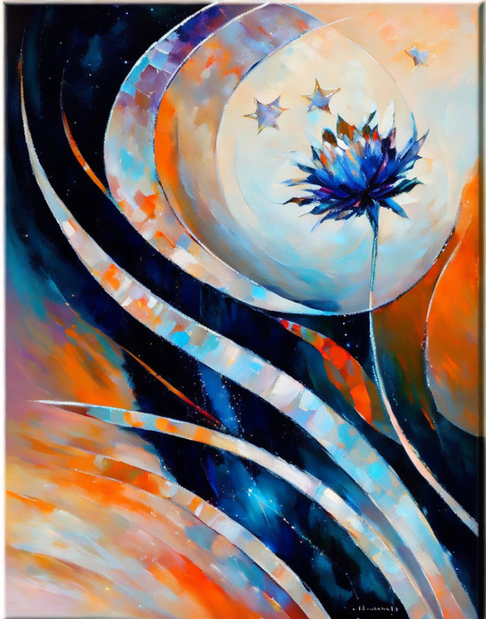 Abstract Painting: Blue Flower, Swirling Lines, Cosmic Orbs