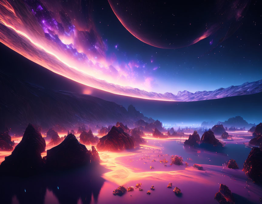 Vibrant surreal landscape with purple skies, celestial bodies, luminous rivers, and floating flora