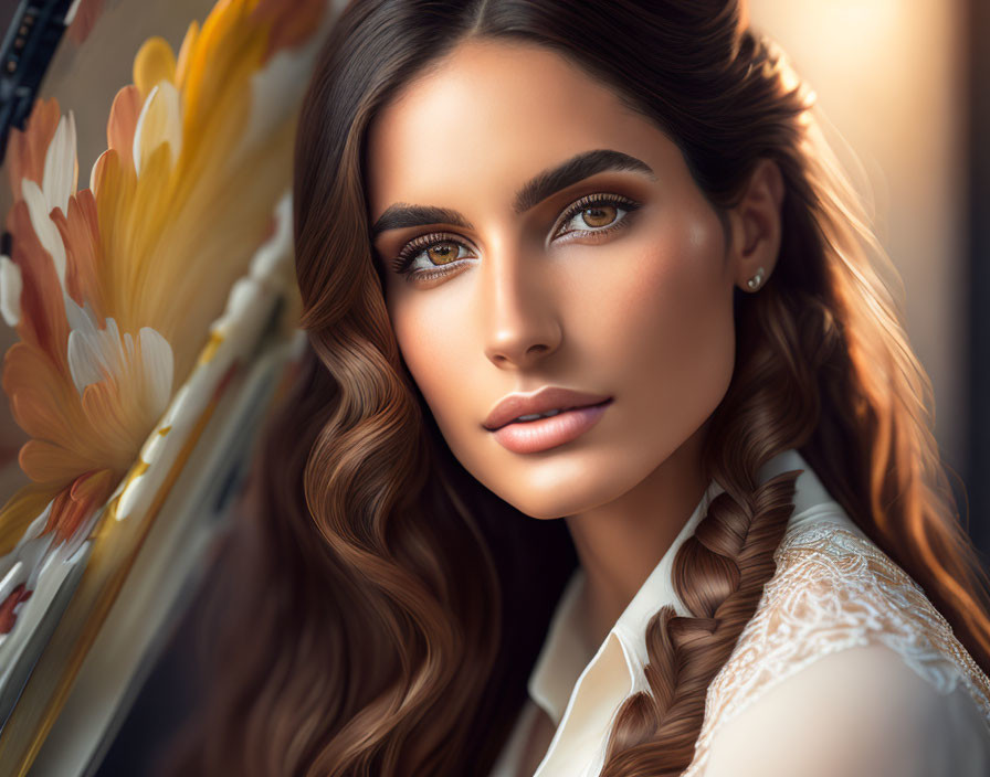 Portrait of Woman with Long Wavy Hair and Hazel Eyes in White Blouse