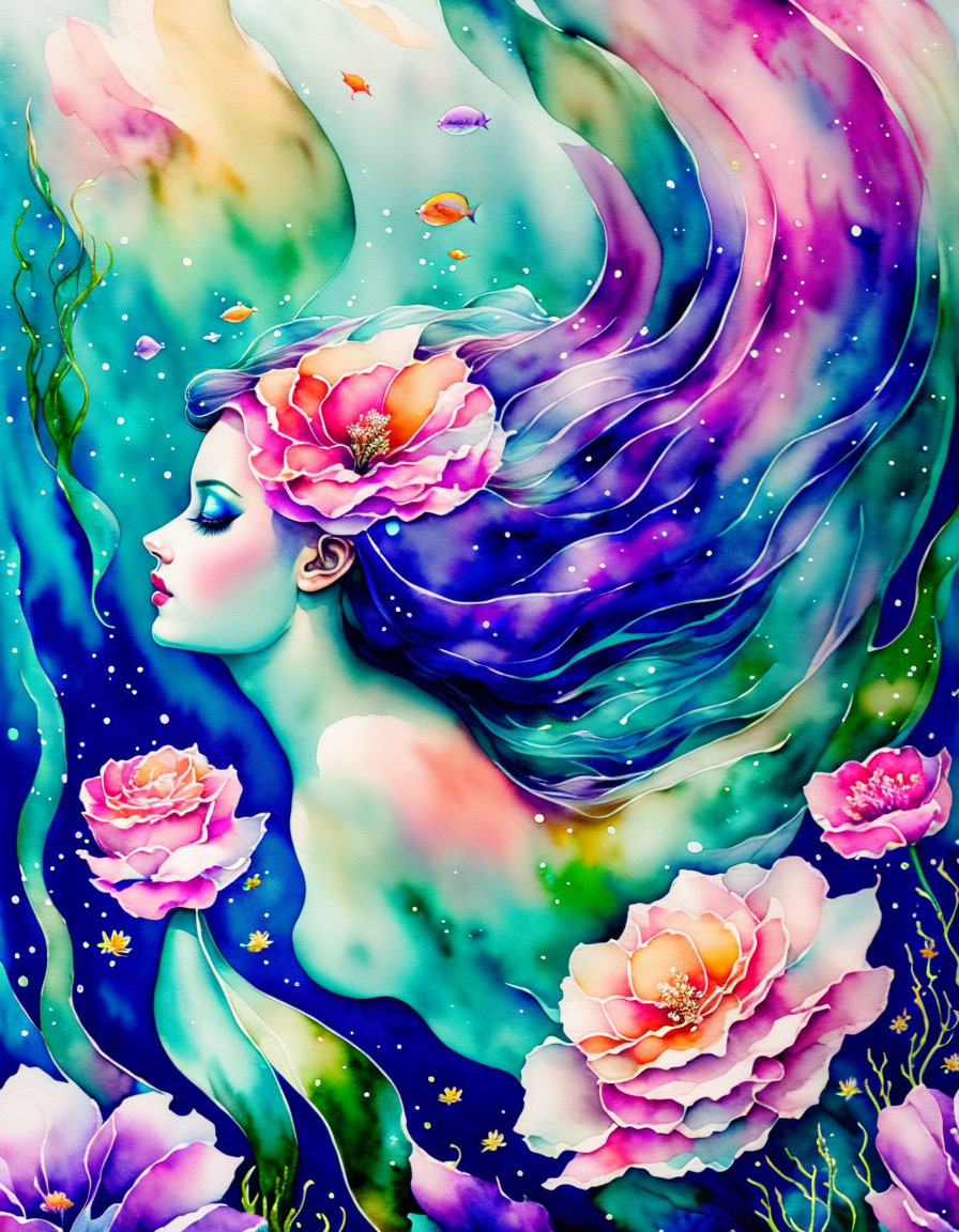 Colorful Woman Illustration with Floral and Cosmic Elements