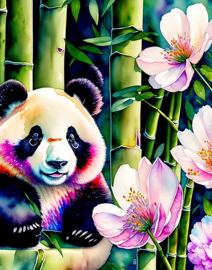 Smiling panda in colorful bamboo and pink flower setting