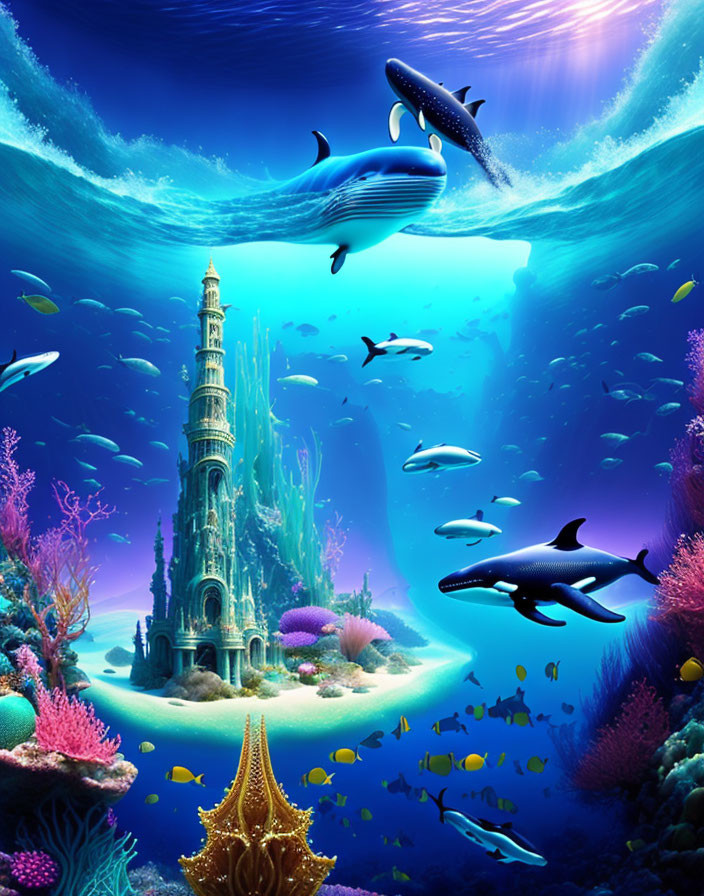 Colorful Coral and Sea Creatures Surround Fantastical Underwater Tower