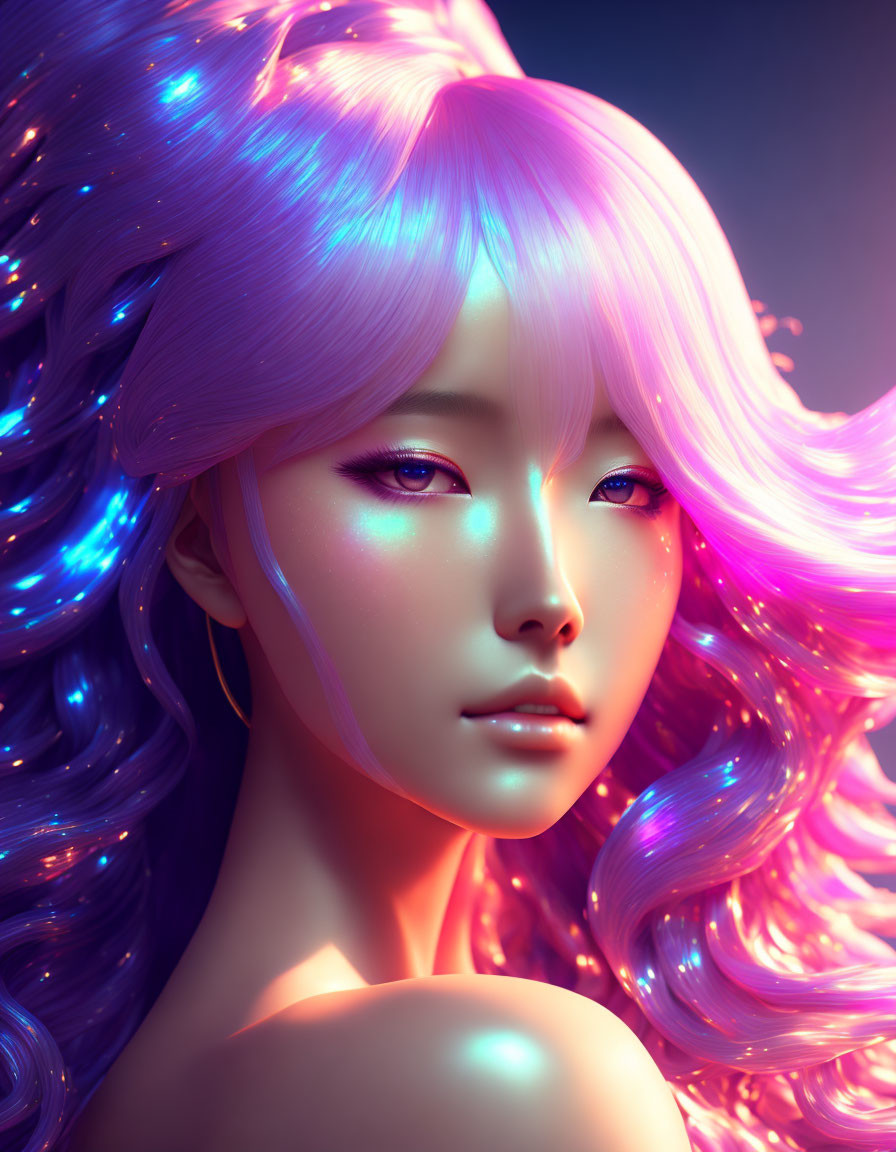 Character with Glowing Pink & Blue Hair, Fair Skin, Purple Eyes