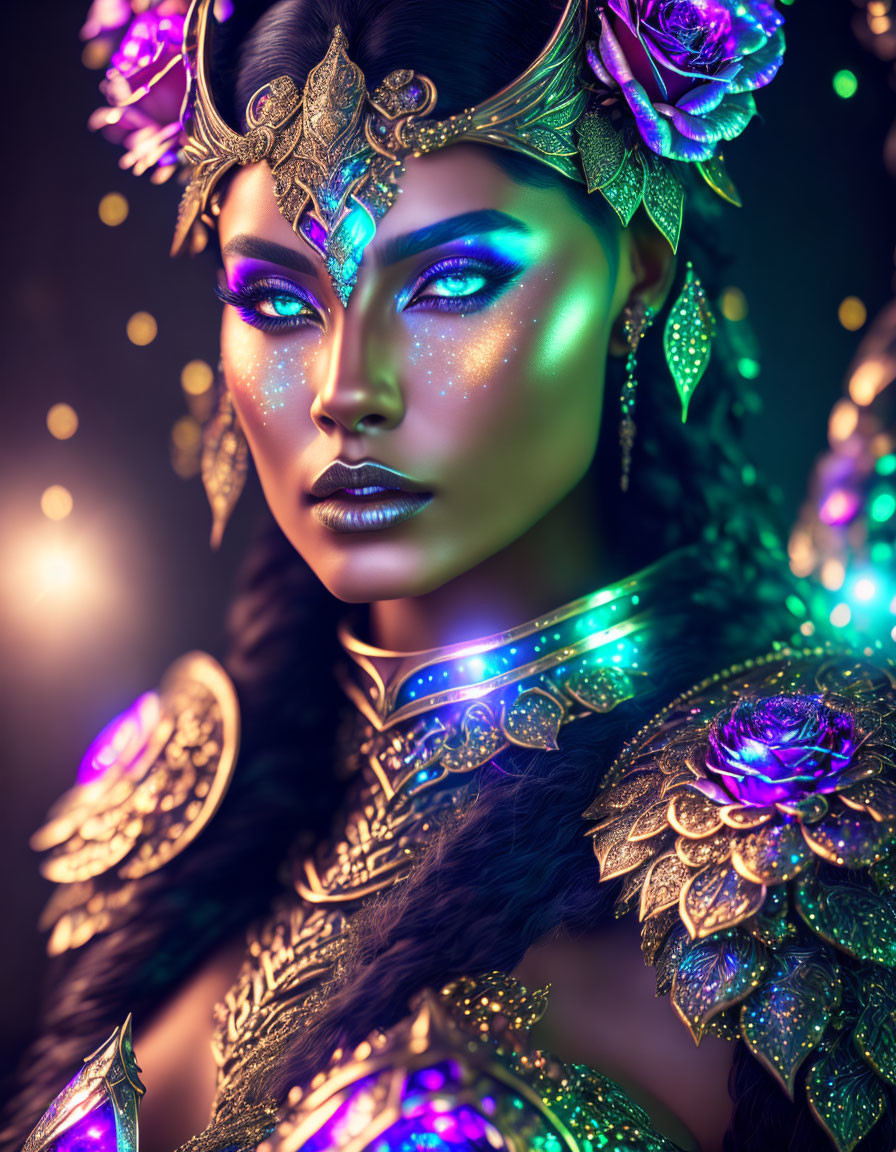 Fantasy character with blue and green makeup, golden headdress, ornate armor, jewels, and