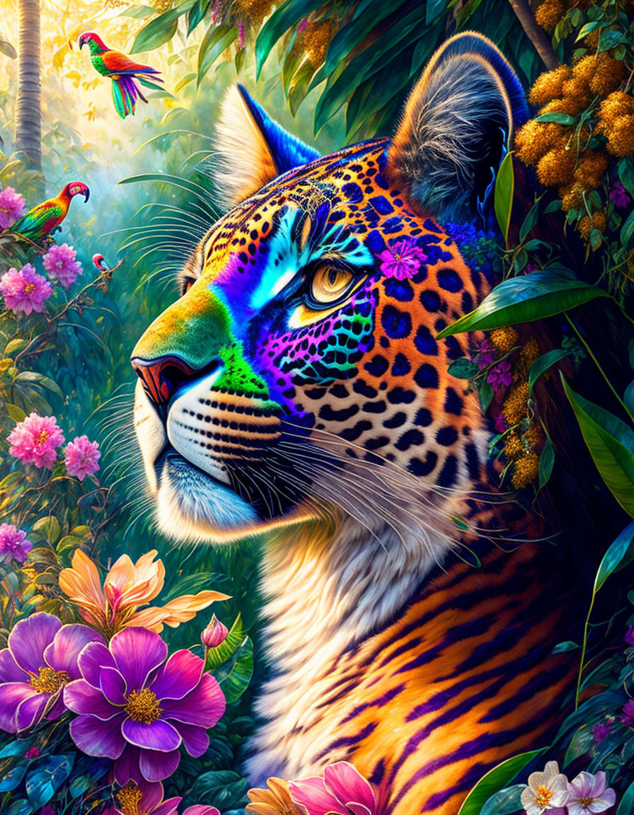 Colorful leopard with rainbow face in lush foliage with hummingbird