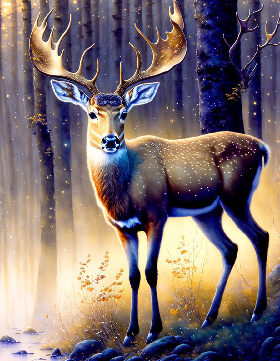 Majestic deer with antlers in mystical forest scene