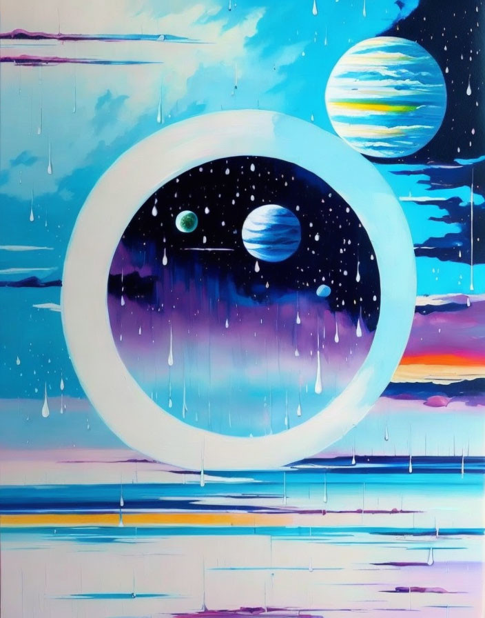 Abstract painting blending space and ocean themes, drips, celestial bodies, sunset hues, and aquatic blues