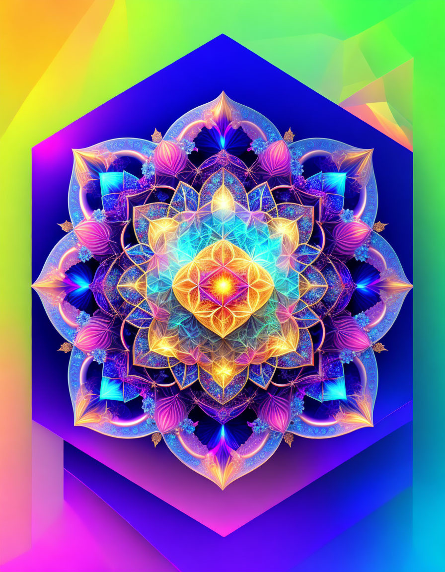 Colorful Fractal Mandala with Blue, Purple, and Yellow Hues