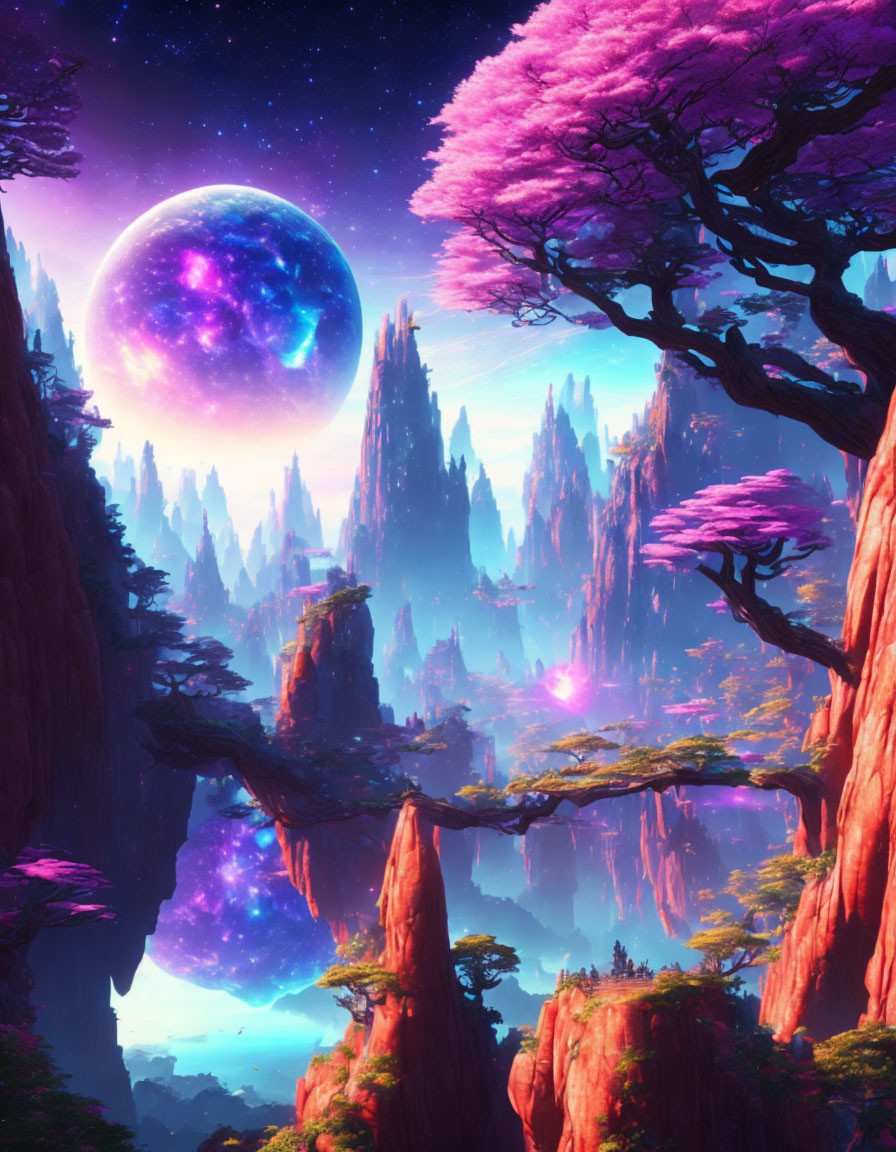 Colorful fantasy landscape with red rock formations, pink trees, and vibrant moon