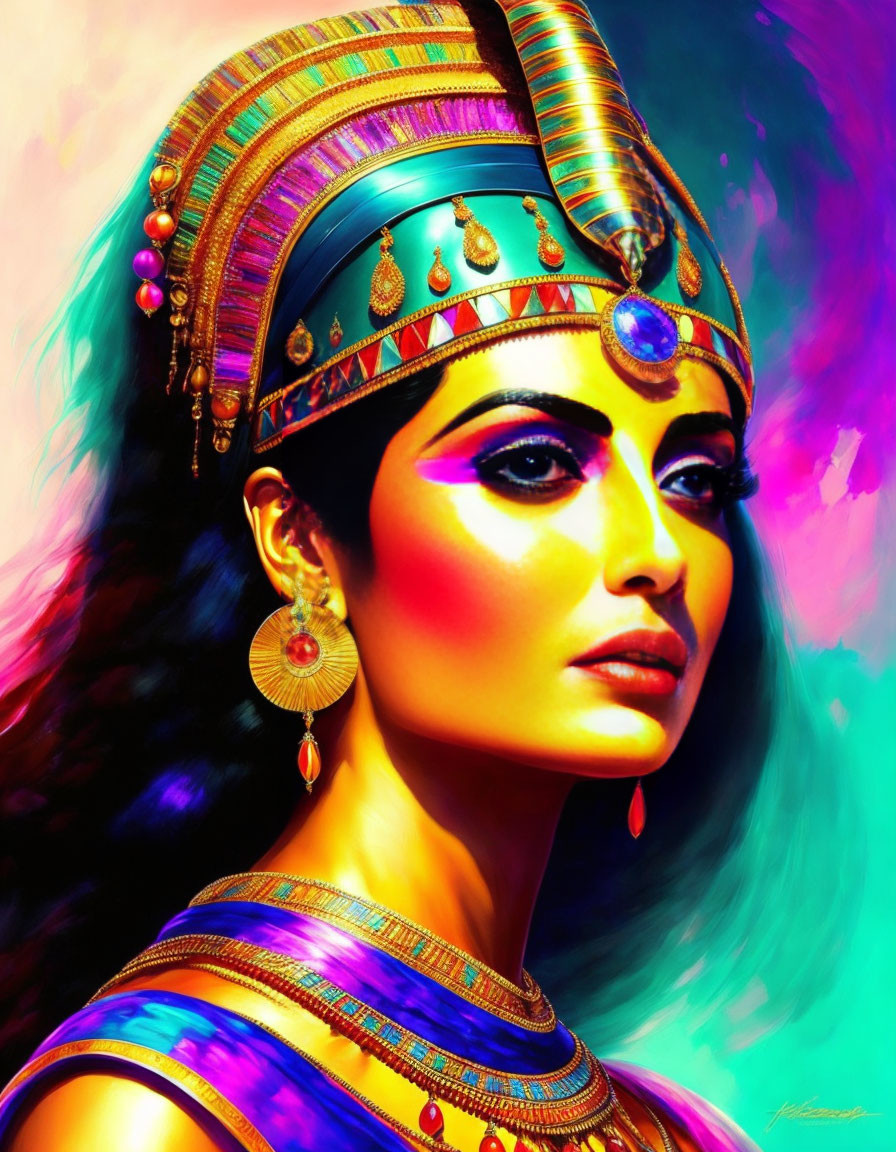 Colorful digital portrait of a woman in Egyptian Pharaoh's headdress with vibrant makeup and jewelry