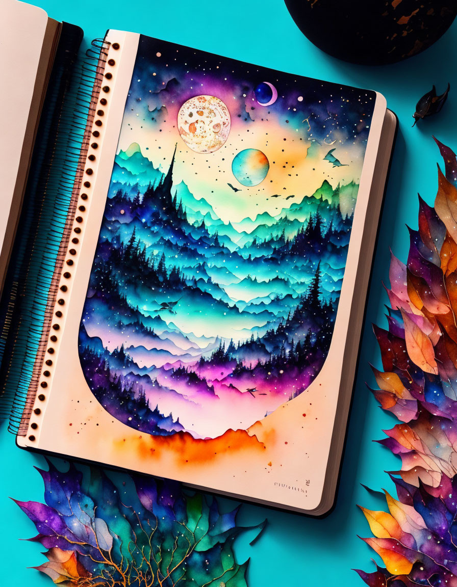 Vibrant Notebook Illustration: Mystical Landscape with Layered Mountains