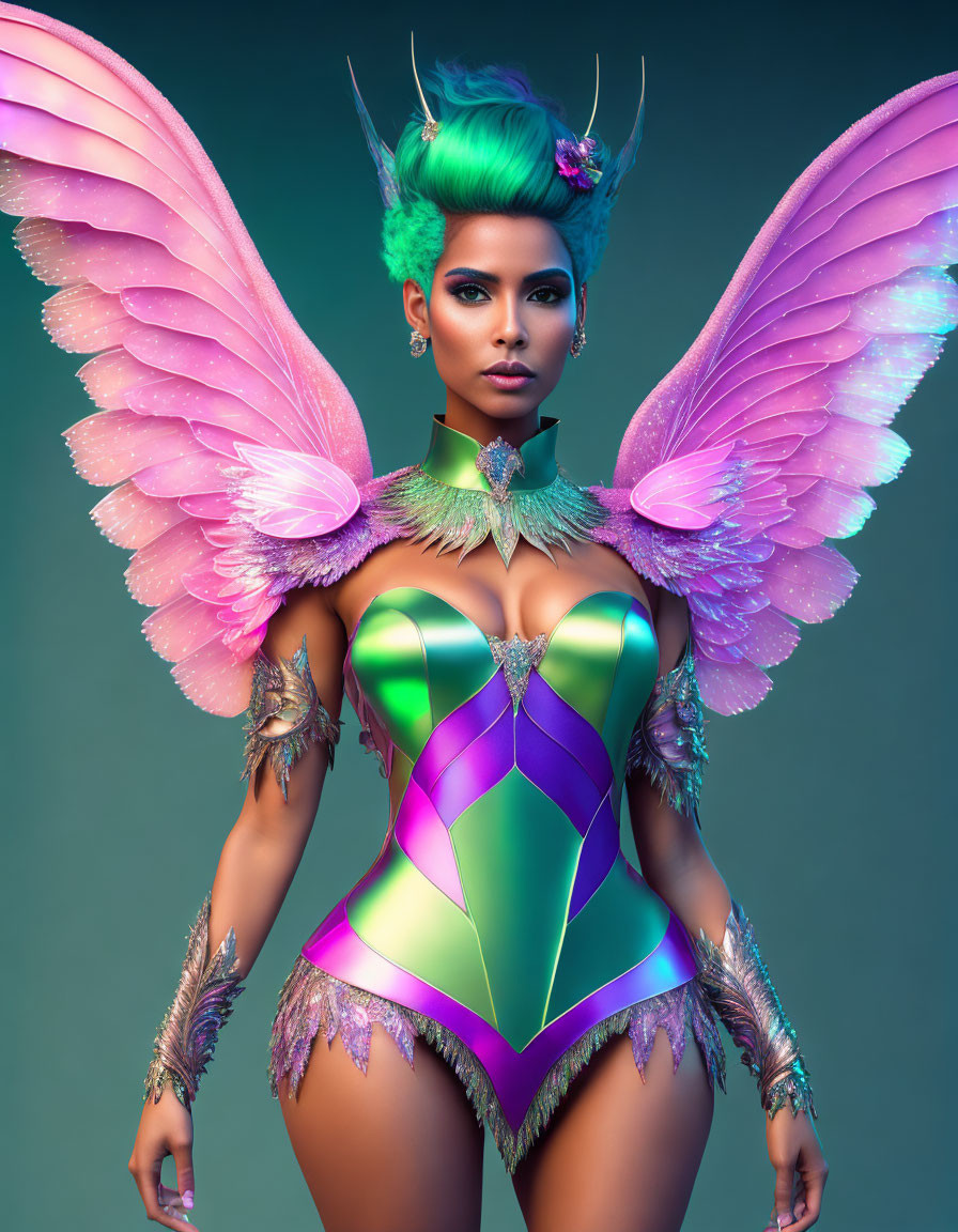 Vibrant green hair, pink wings, and colorful bodysuit on a woman pose in a