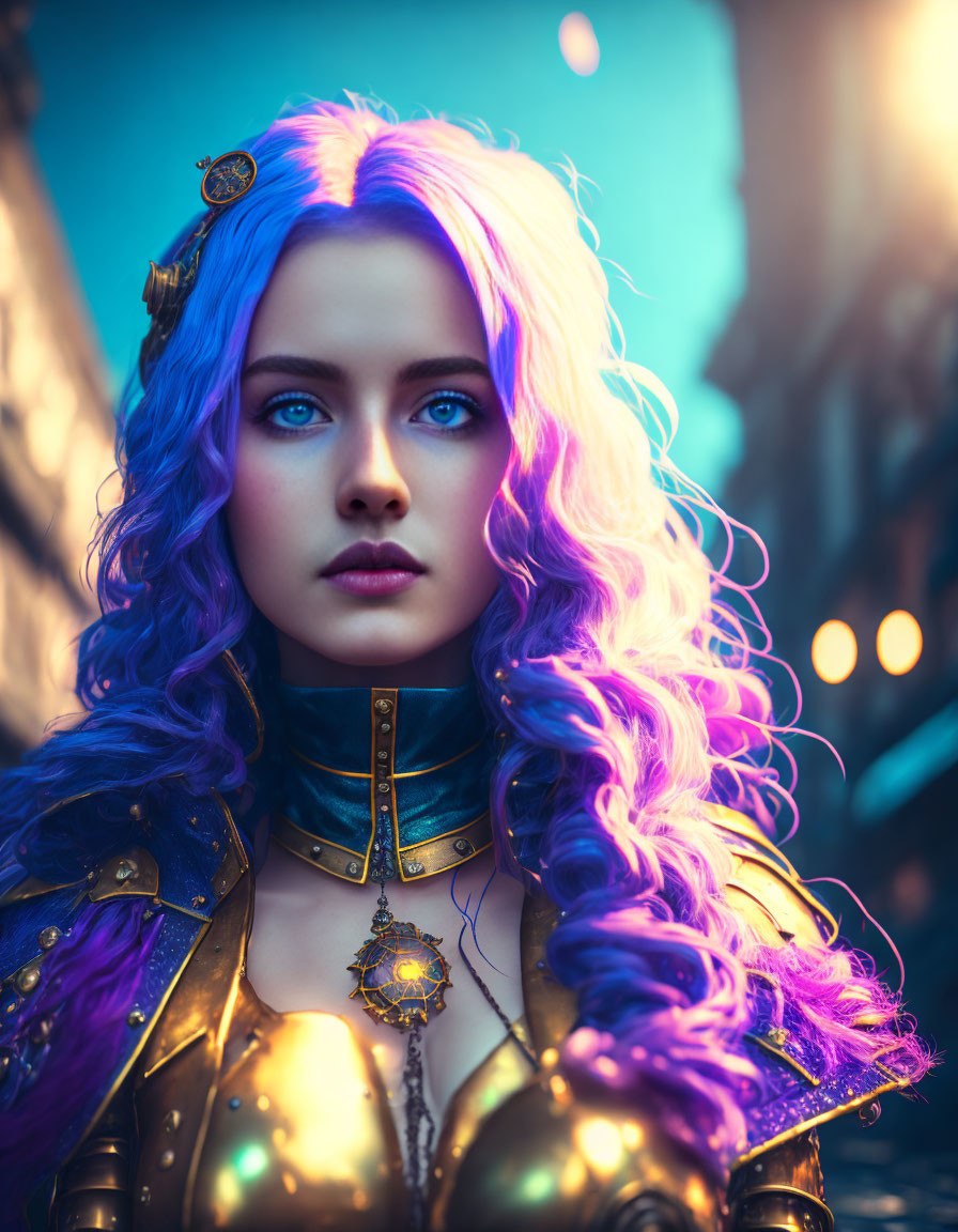 Woman with Blue and Purple Hair in Golden Armor with Urban Background