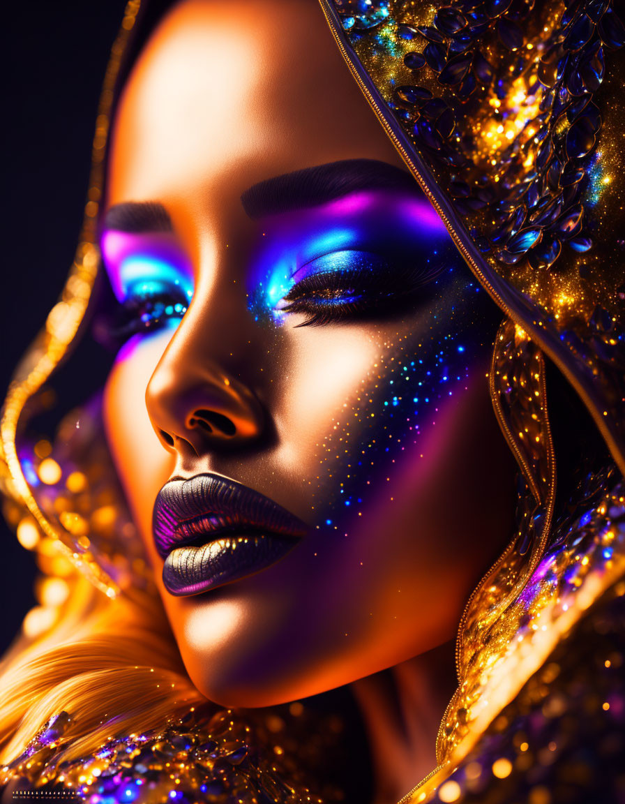 Close-up of woman with golden headgear and creative makeup in blue light on dark background