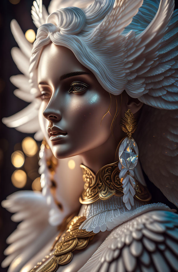 Ethereal figure with white wings and golden jewelry in warm lighting