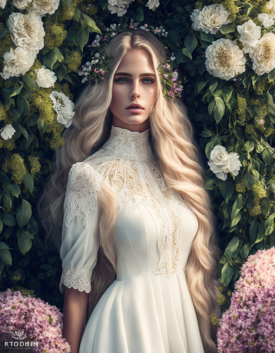 Blonde woman in white lace dress among greenery and flowers