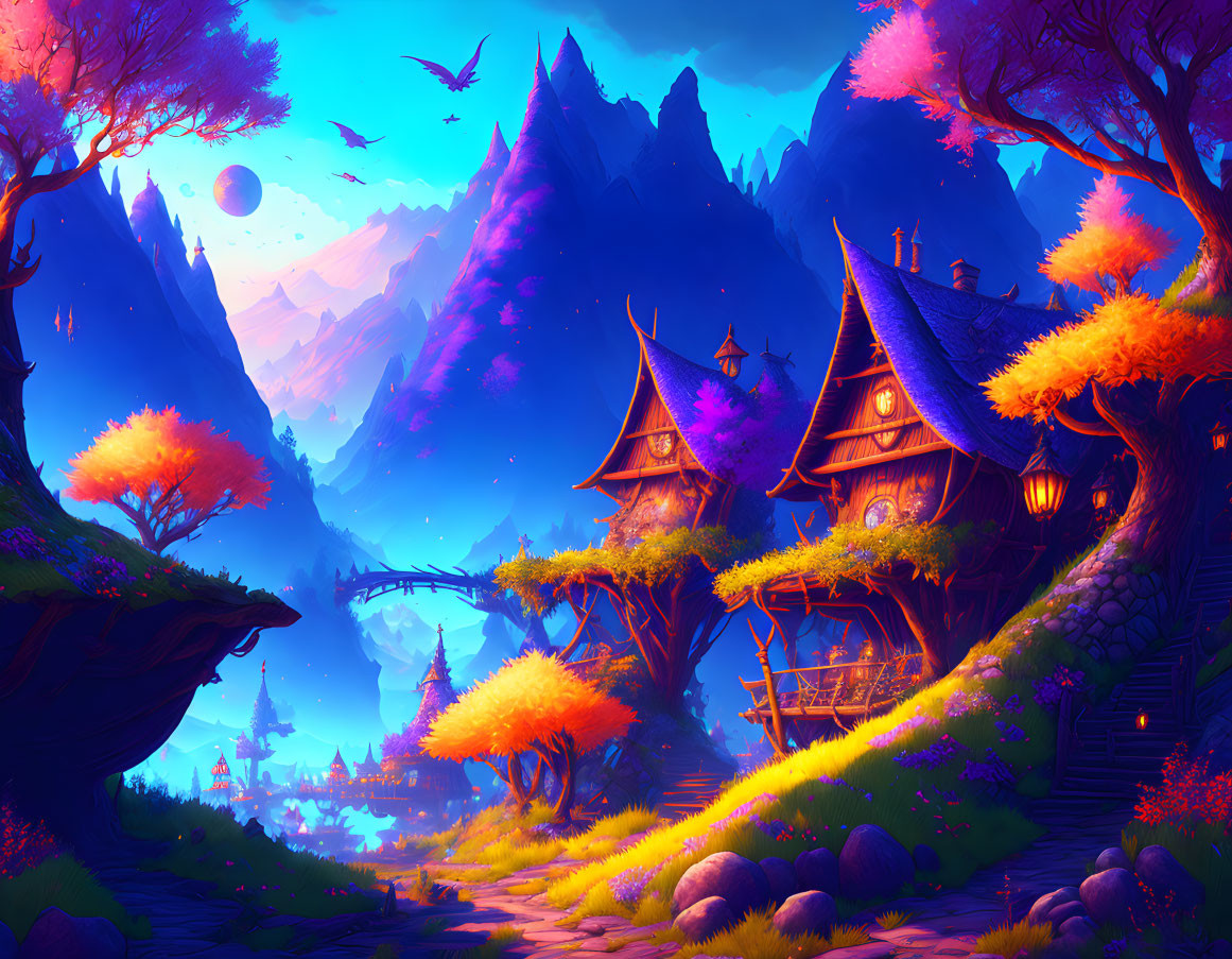 Fantastical treehouses in twilight landscape with vibrant foliage