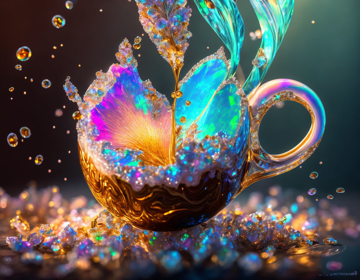 Ornate golden cup with luminescent liquid and sparkling droplets on dark background