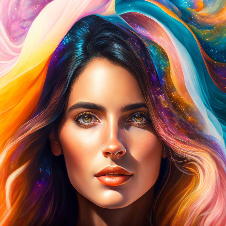 Vibrant digital artwork: Woman with multicolored cosmic hair on warm background