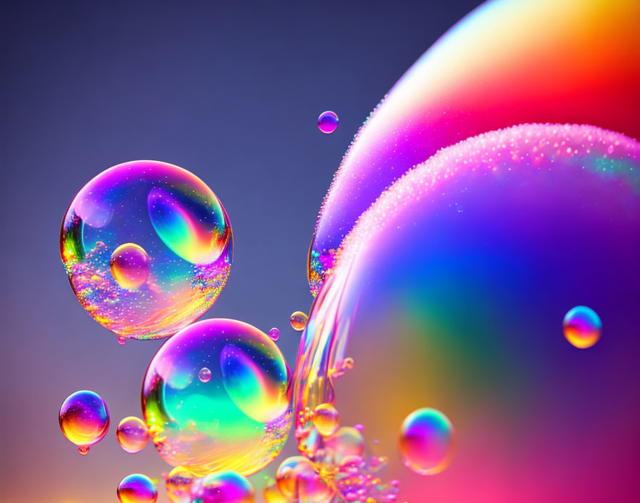 Colorful soap bubbles on purple-orange gradient background