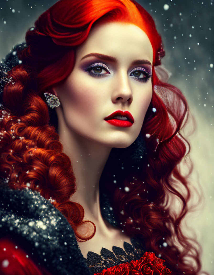 Vivid Red-Haired Woman in Striking Makeup and Sparkling Black Outfit in Snowy Setting