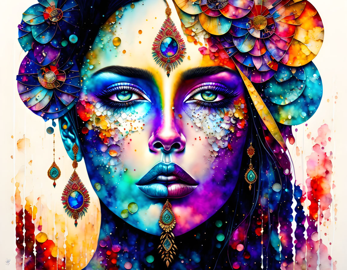 Colorful Psychedelic Portrait: Female with Floral Headdress