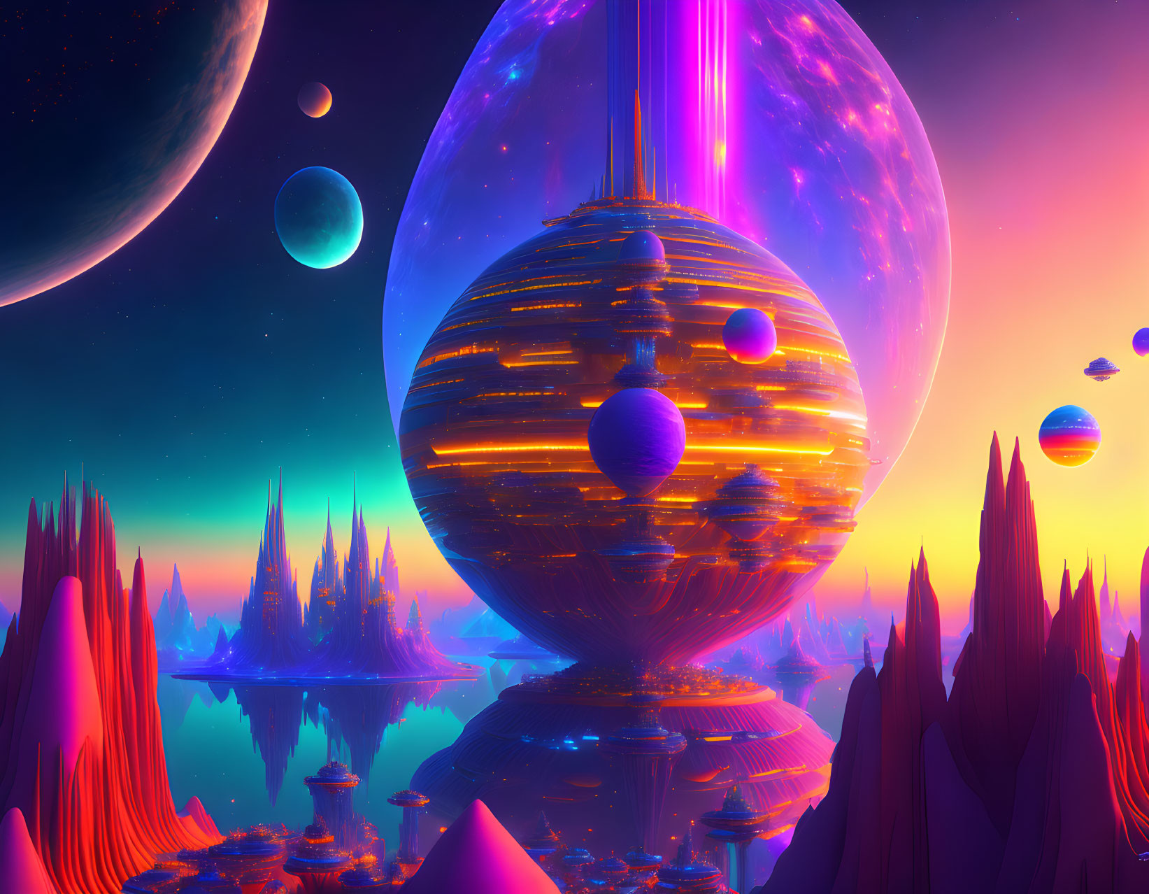 Vibrant fantasy landscape with alien structures and planets