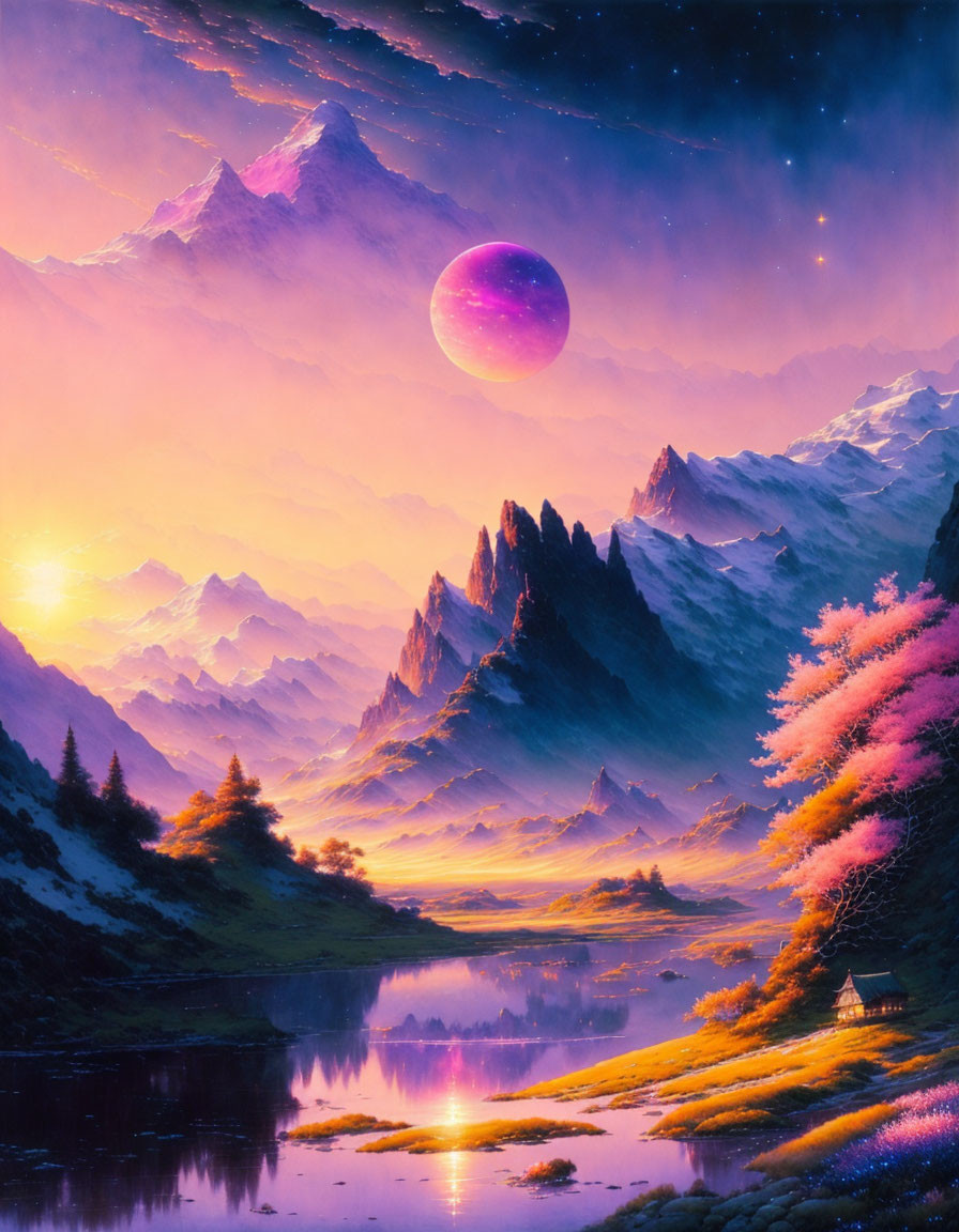 Fantasy landscape with pink planet, mountains, lake, trees, cabin.