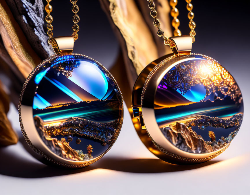 Scenic beach landscapes in spherical pendants on golden chains