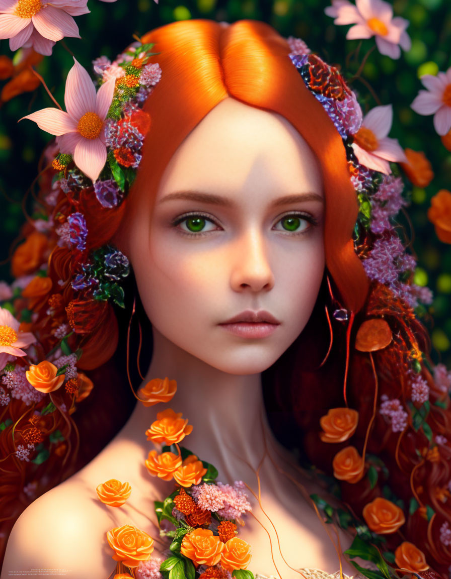 Vibrant orange hair woman with colorful flowers on green foliage.