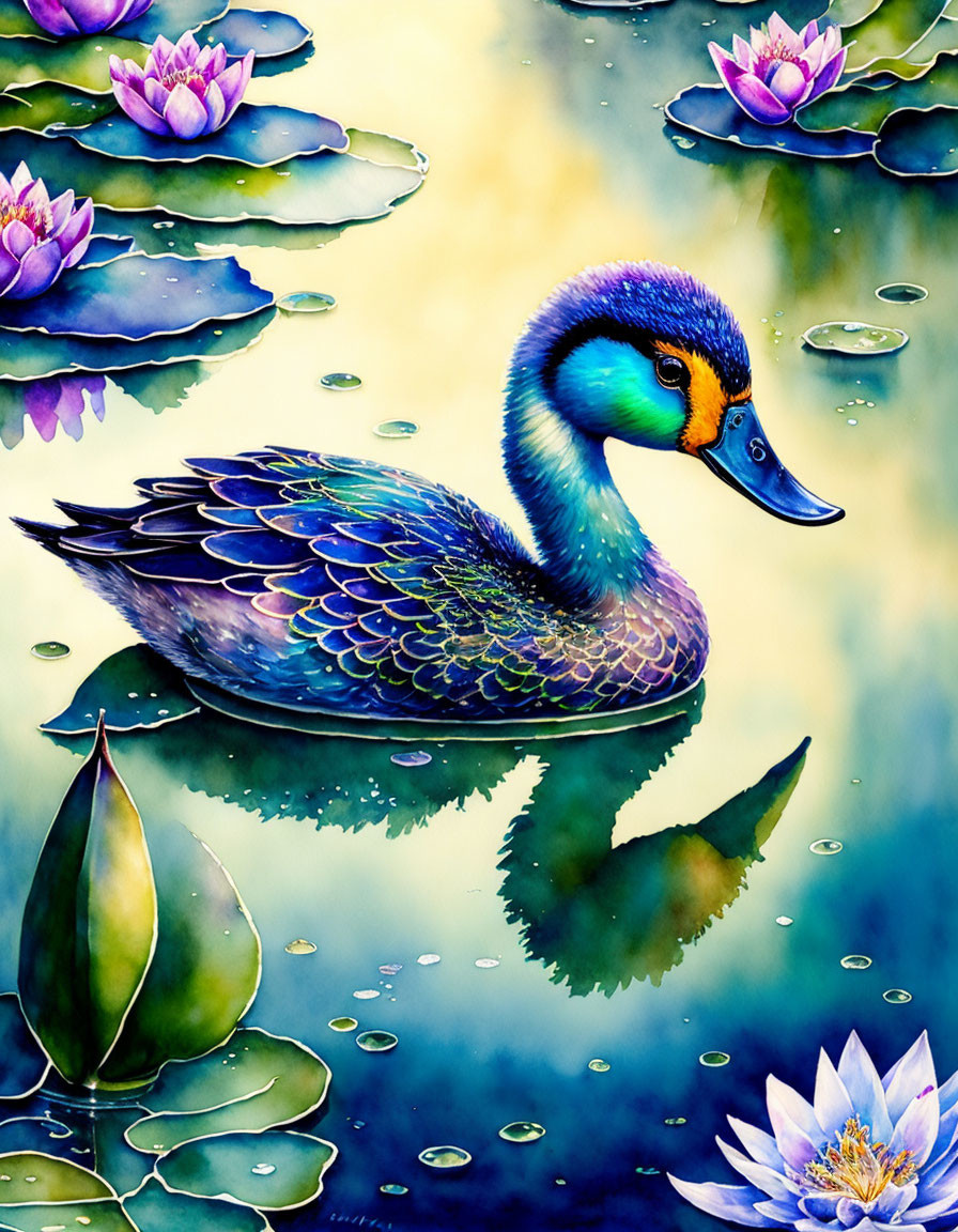 Colorful Duck Among Water Lilies in Tranquil Pond