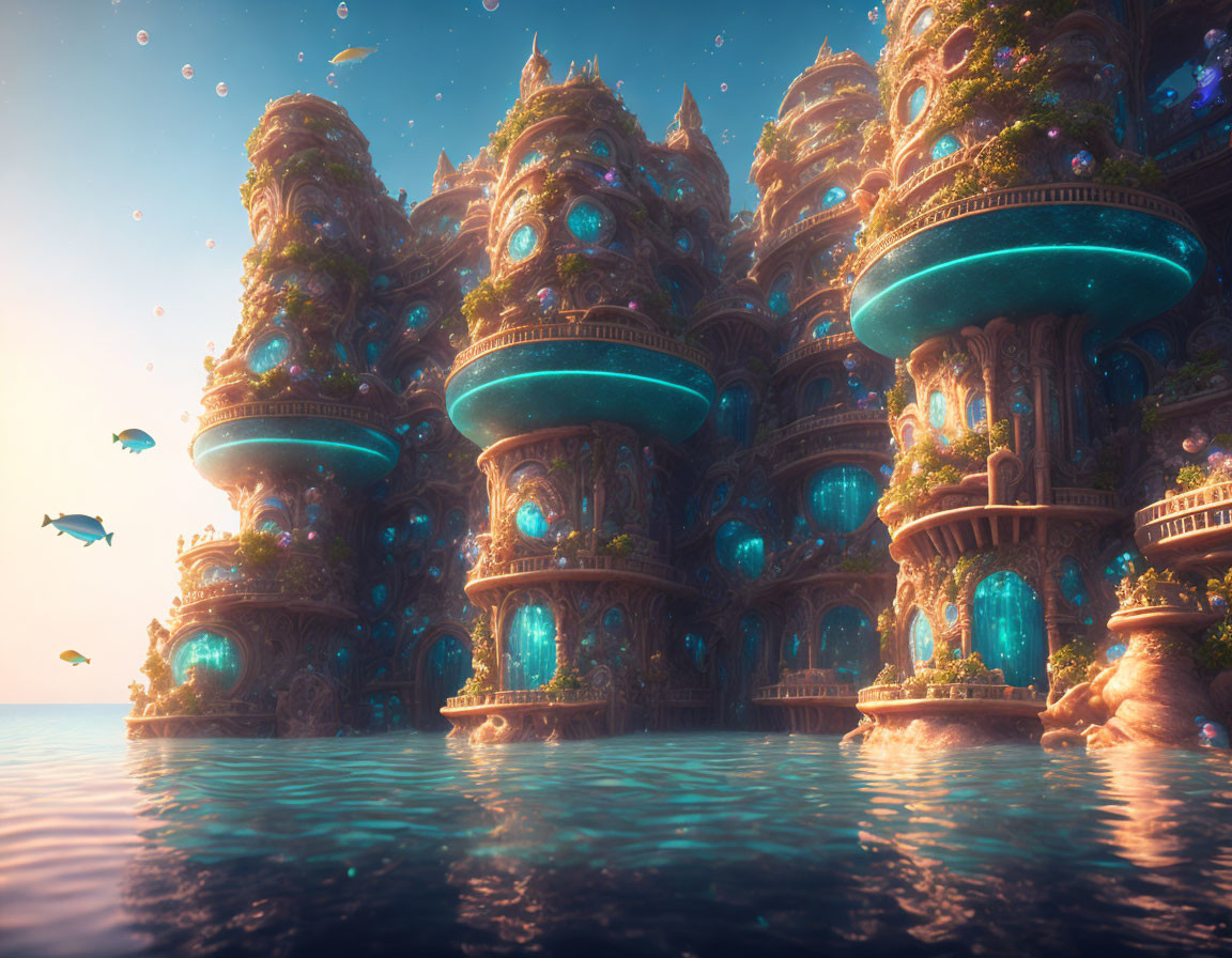 Ornate domed buildings in warm underwater city