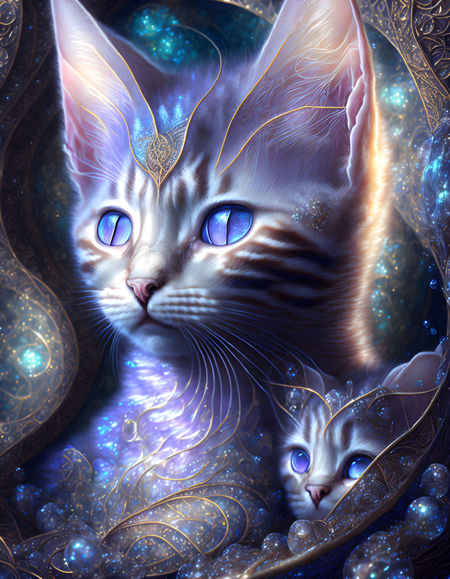 Mystical cats digital artwork with cosmic patterns and blue eyes