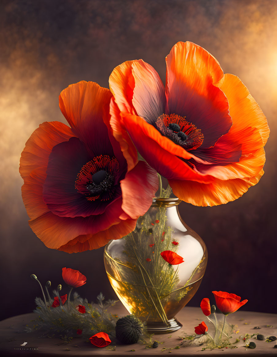 Vibrant red poppies in golden vase with glowing background.