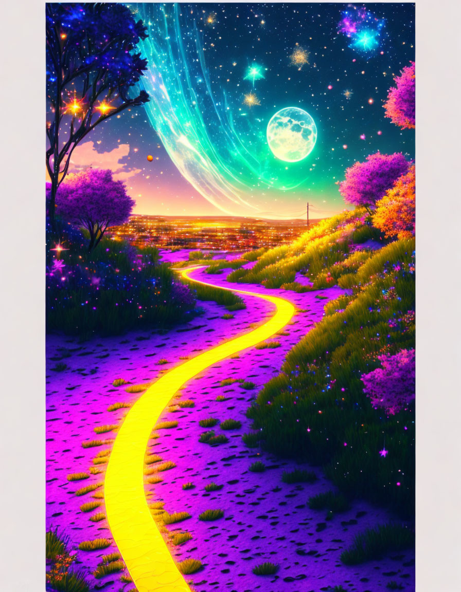 Colorful Digital Art: Yellow Brick Path in Blossoming Landscape Under Galaxy Sky