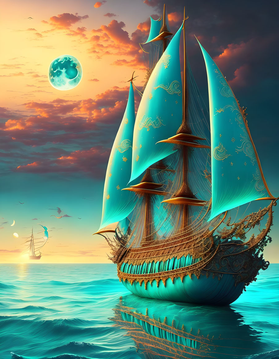 Fantastical ship with teal sails on calm waters at sunset