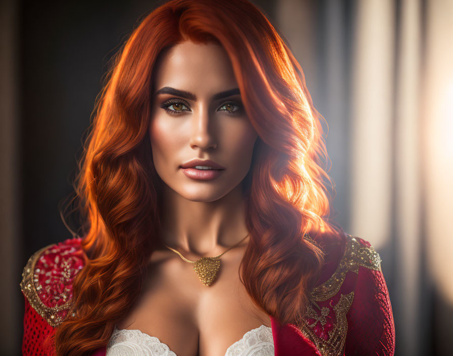 Woman with Red Hair and Green Eyes in Red Dress and Golden Necklace under Sunlight